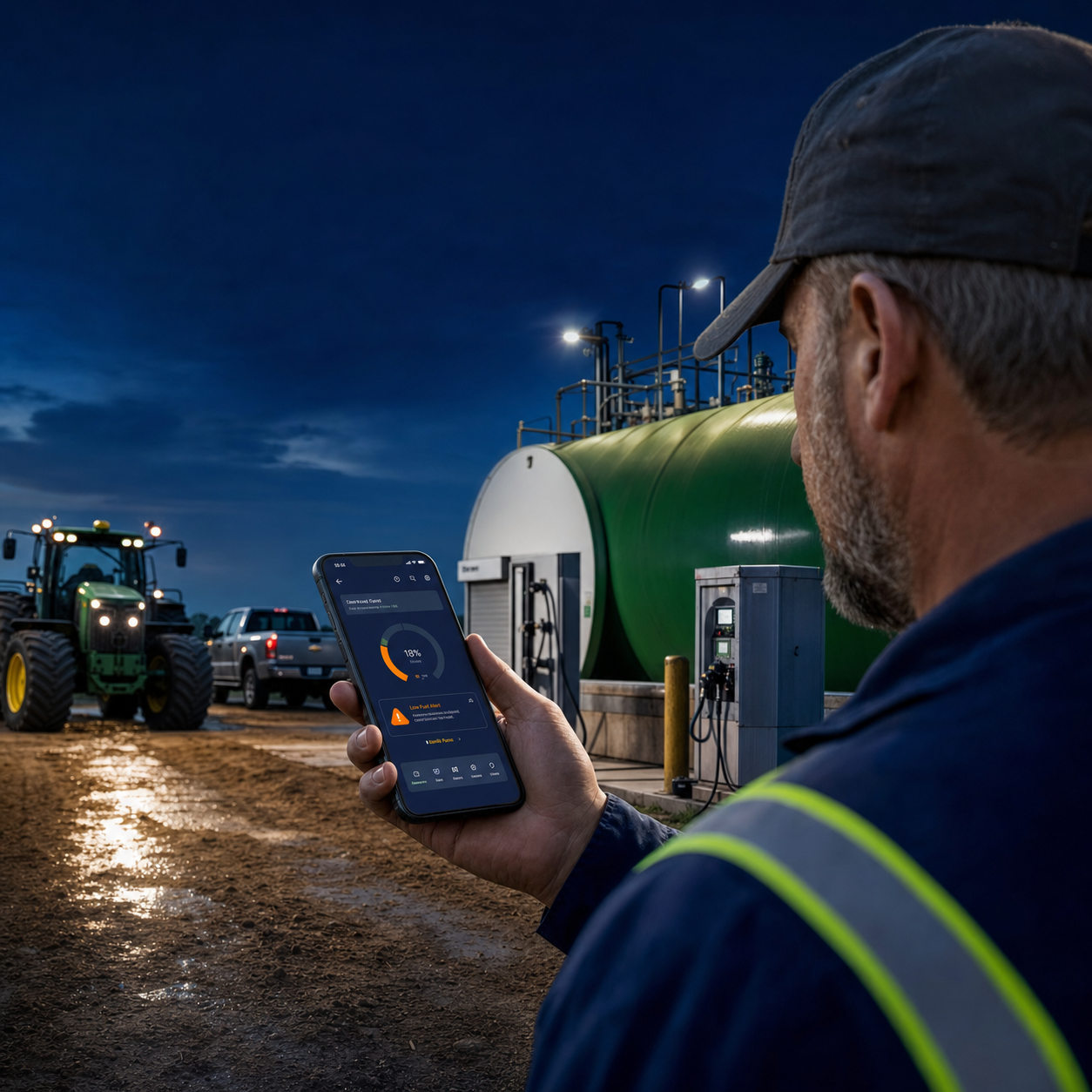 Low-fuel alert shown on a phone beside farm equipment