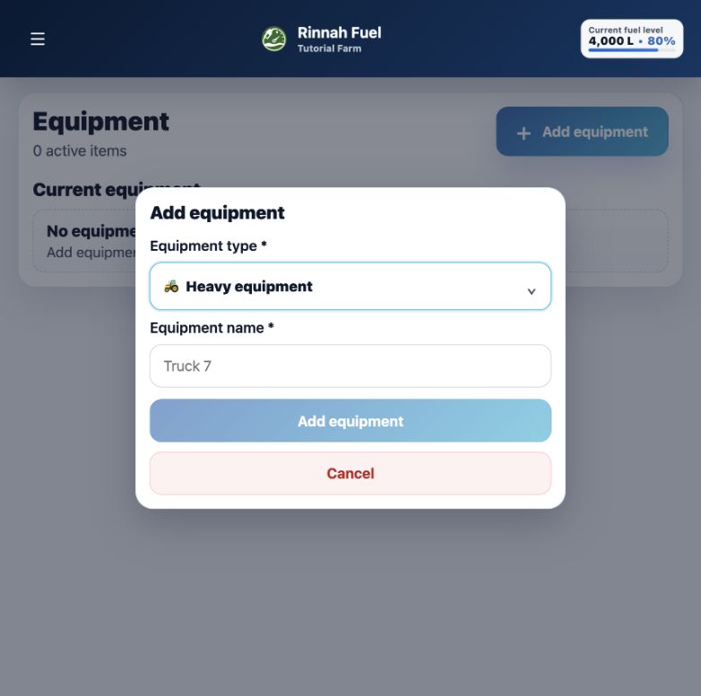 Add equipment form with equipment type and name fields