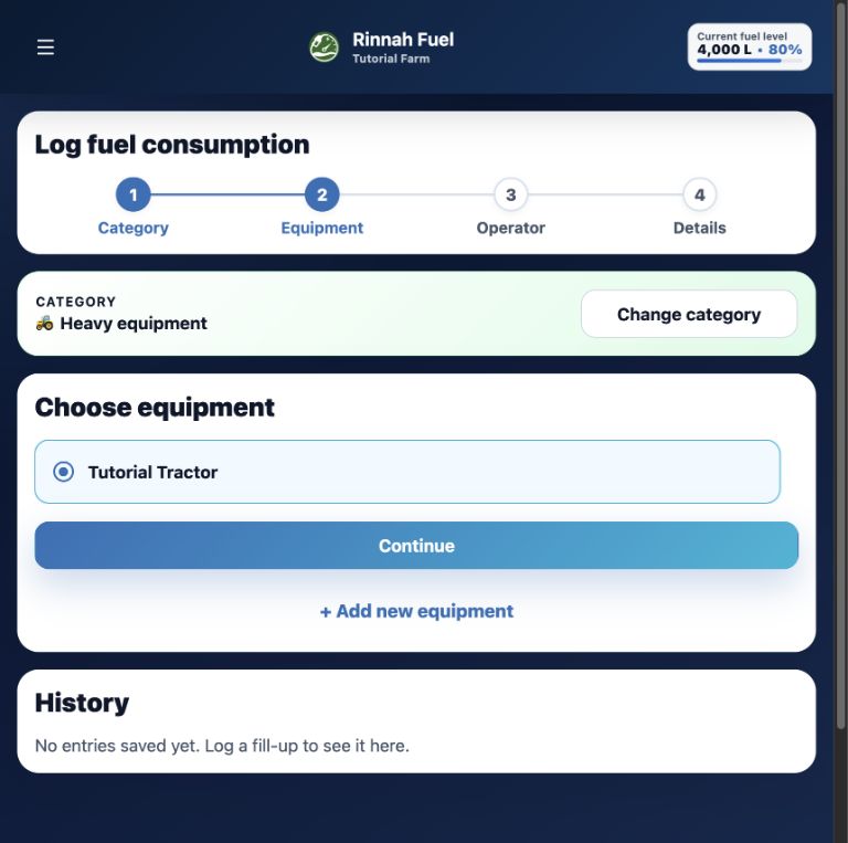 Log fuel equipment step showing the Add new equipment button below Tutorial Tractor