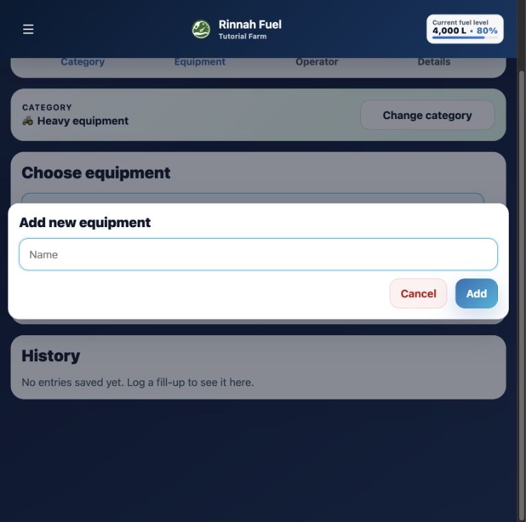 Add new equipment form opened inside the Log fuel screen