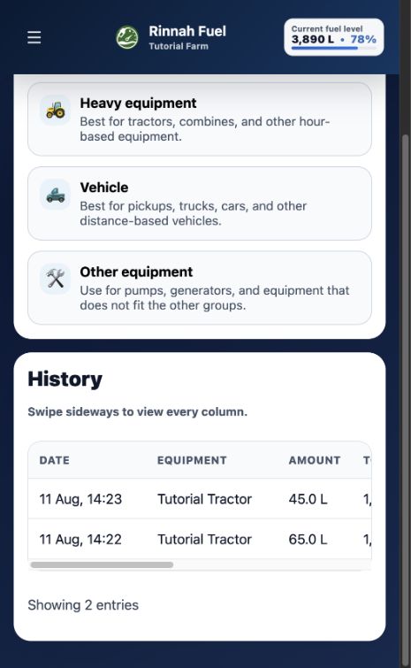 Fuel history showing two saved fuel entries for Tutorial Tractor