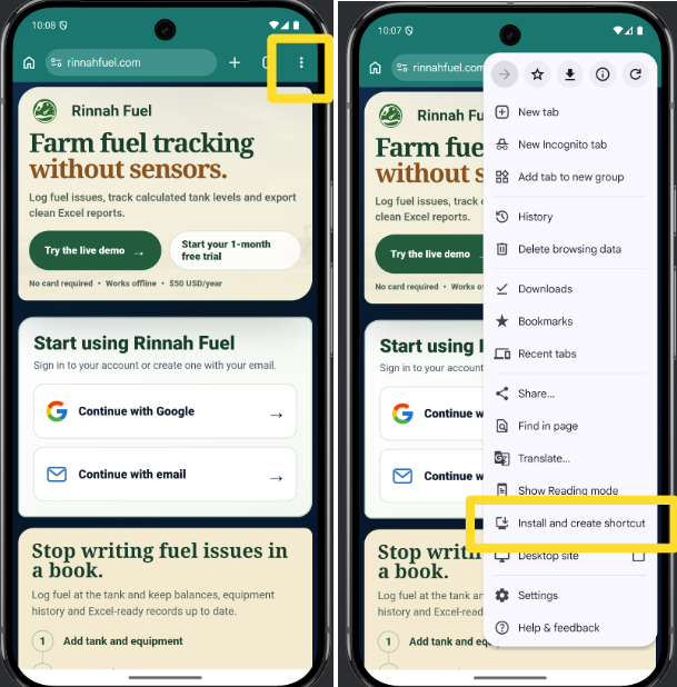 Rinnah Fuel open in Chrome on Android with highlights around the three-dot menu and Install and create shortcut option