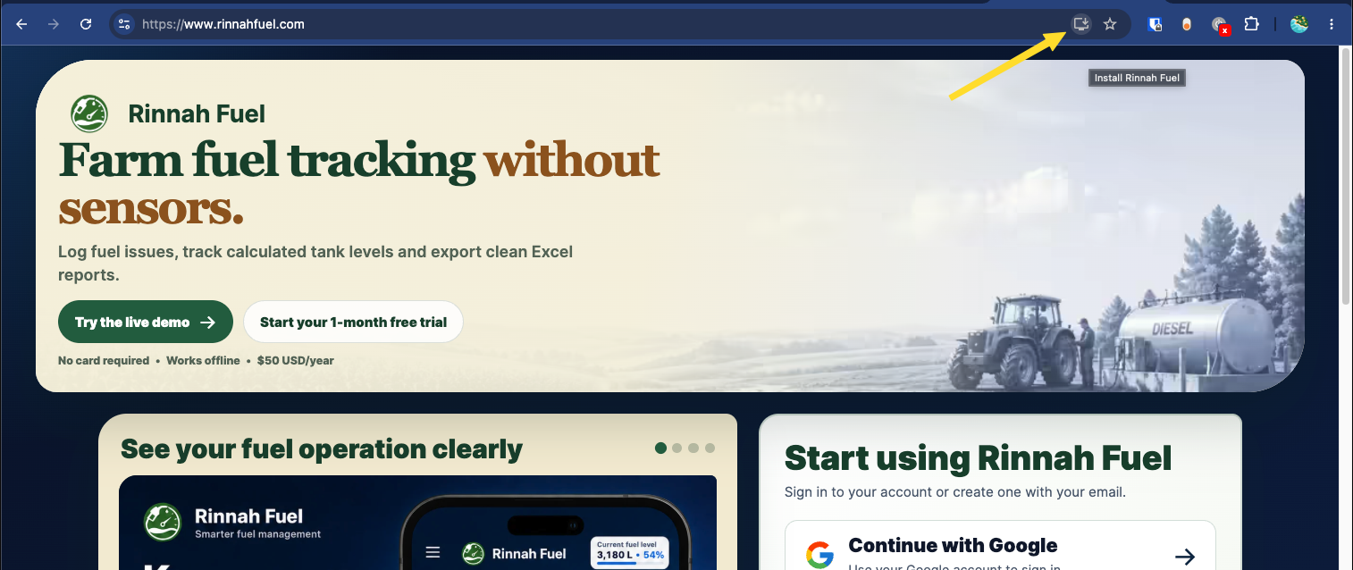 Rinnah Fuel open in Chrome with an arrow pointing to the Install Rinnah Fuel icon in the address bar