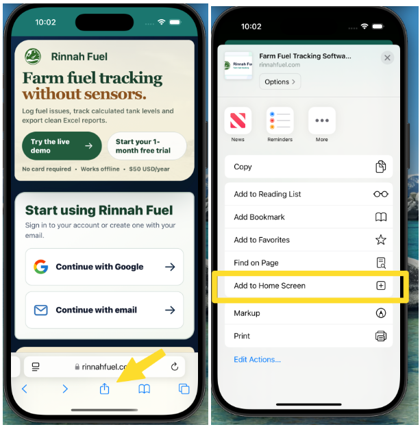 Rinnah Fuel open in Safari on an iPhone with arrows showing the Share button and Add to Home Screen option