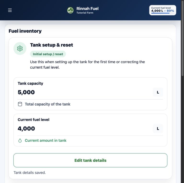 Fuel inventory screen showing the Tutorial Farm tank at 4,000 litres and 80 percent